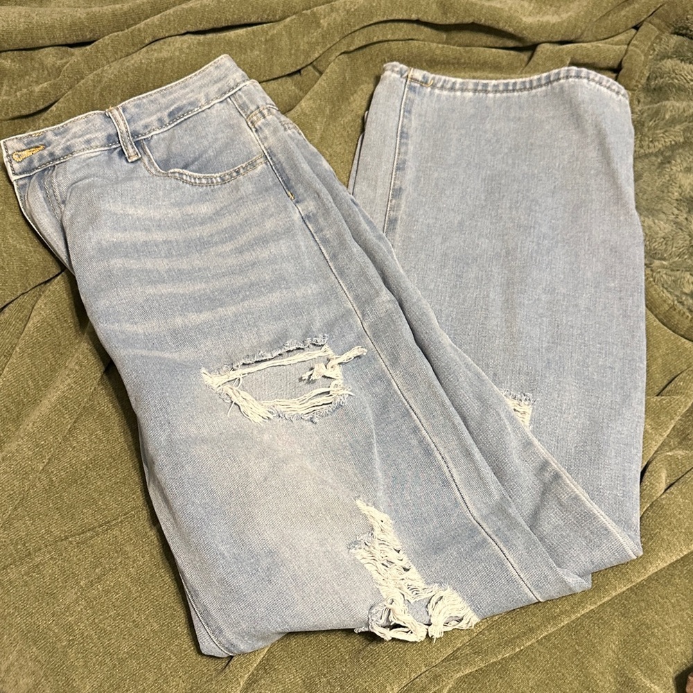 SHEIN Light Blue Distressed Boot Cut Jeans